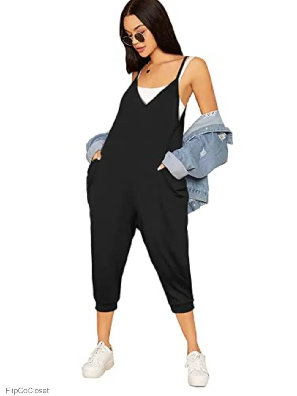 Women's Sleeveless V-Neck Spaghetti Strap Jumpsuit with Pockets Casual Summer